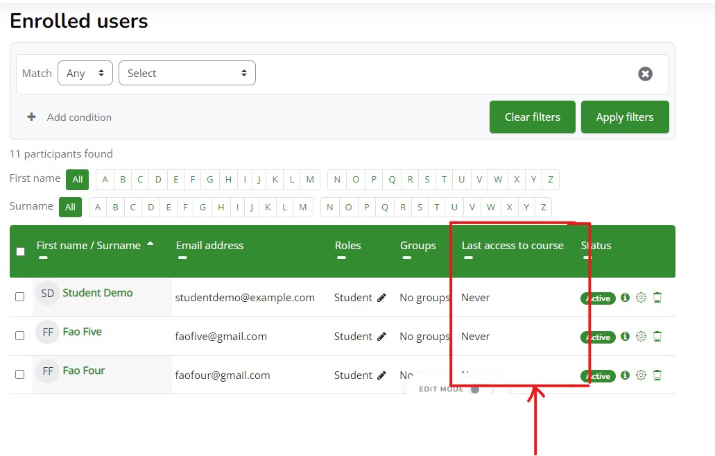 Enrolled user filter set to Student